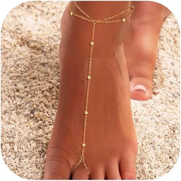 Dainty Gold Ankle Bracelet Brass Bead Chain Adjustable Foot Jewelry Gift - Picture 1 of 9